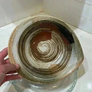 Handmade Pottery Bowl Brown Cream White